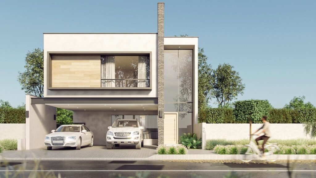 Planos de casa moderna de 2 niveles. Render de fachada moderna con acceso monumental y cochera para 2 carros.