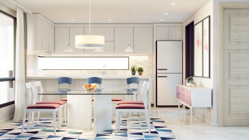 Render de cocina y comedor de casa residencial de lujo de 2 niveles. Planos de casa moderna.