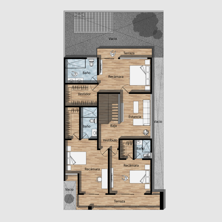 Planos de casa moderna de 2 niveles con 3 recámaras con 3.5 baños.