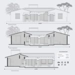 Planos de fachada de casa colonial moderna de 1 nivel. Fachada y sección arquitectónica.