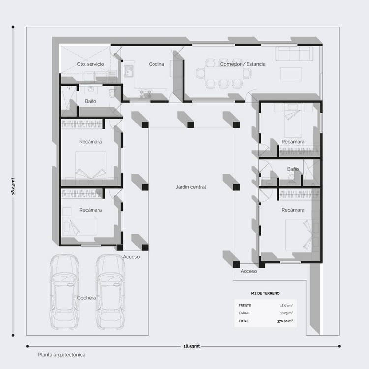 Planos de casa colonial moderna de 1 nivel, con 4 recámaras y 2 baños.
