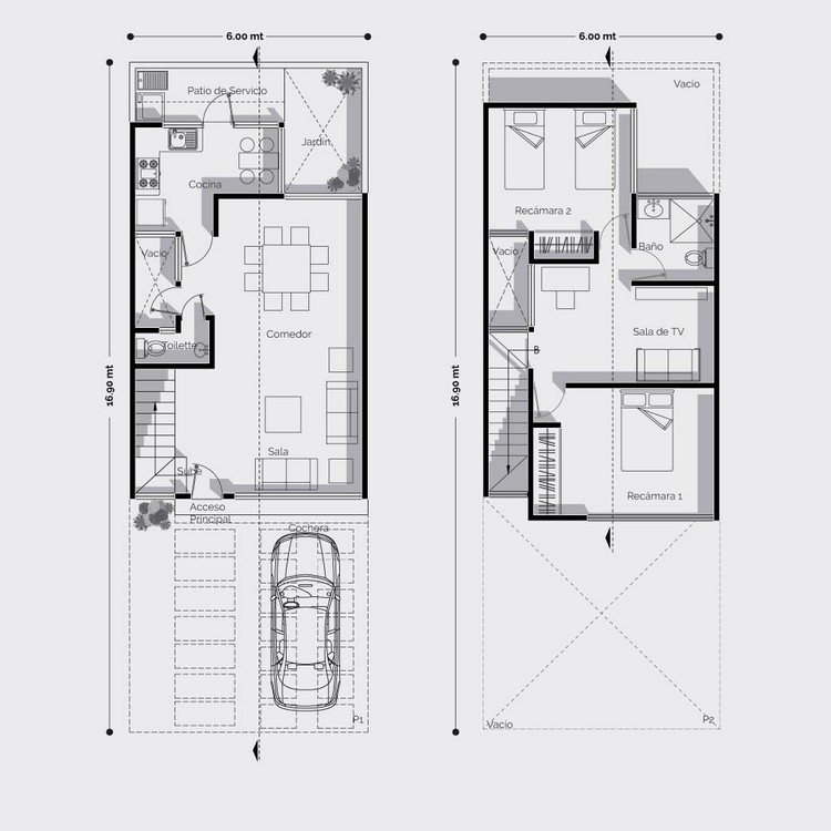 Planos de casa moderna pequeña de 2 niveles con 2 recámaras y cochera.