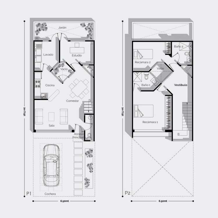 Planos de casa moderna de 2 niveles con 2 recámaras con baño, cochera, estudio, lavado y sala de televisión.