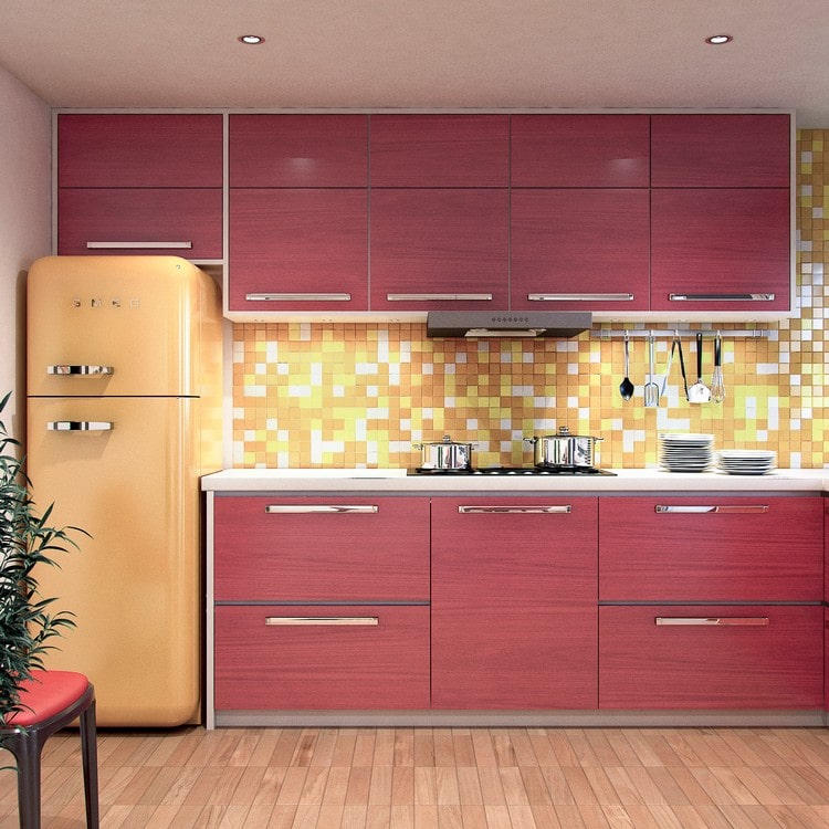 Render de cocina moderna, en color rojo. Planos de casa moderna de 2 niveles.