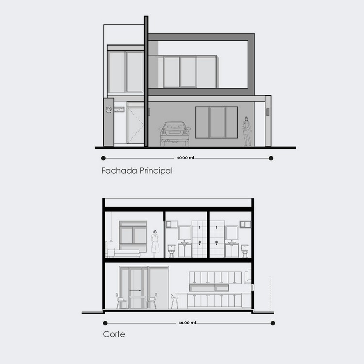 Planos de fachada de casa moderna de 2 niveles, diseño minimalista con cochera para 2 carros.