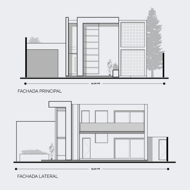 Planos de fachada de casa residencial moderna de 2 niveles.