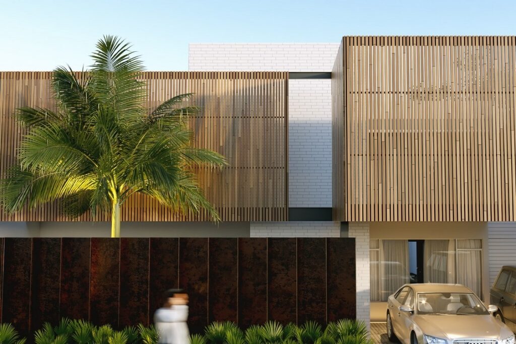 Planos de fachada de casa de 2 niveles, render 3D de fachada moderna de casa de 4 recámaras.