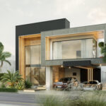 Planos de casa moderna de 2 niveles, render de fachada moderna minimalista