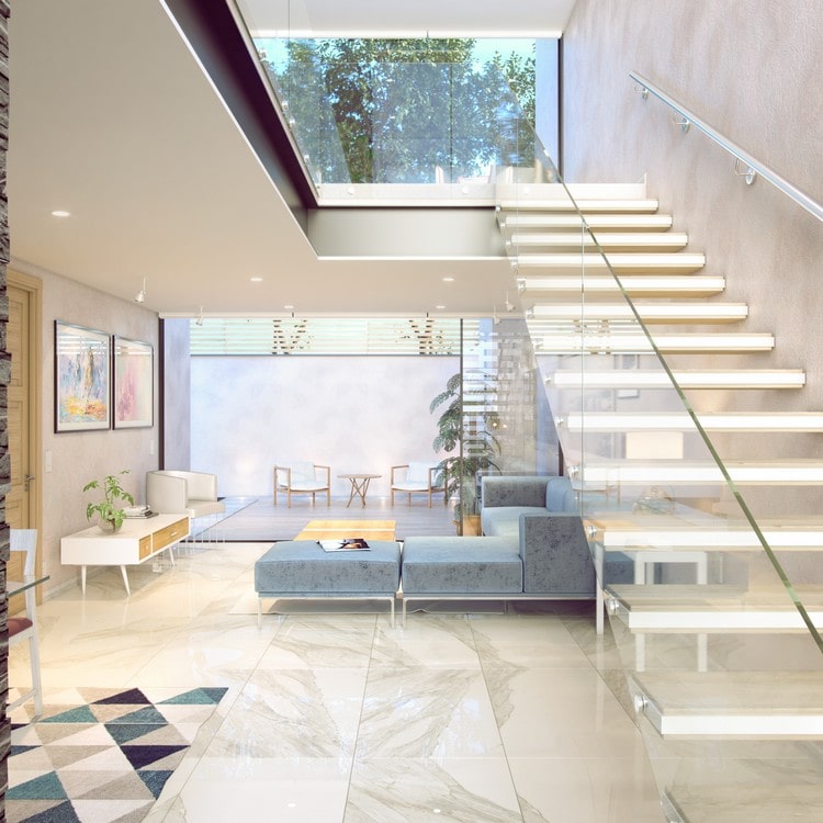 Planos de casa moderna de 2 niveles. Render de escalera y sala de visitas.
