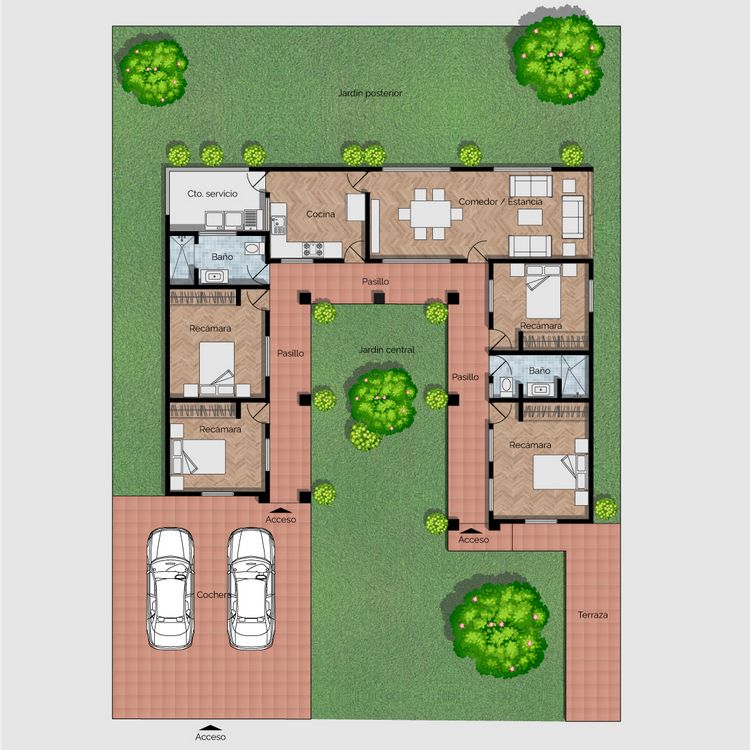 Planos de casa colonial moderna de 1 nivel, con 4 recámaras.