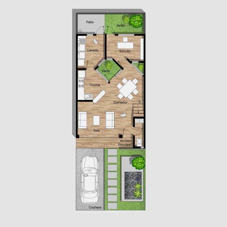 Planos de casa moderna de 2 niveles con cochera, jardín y estudio. planta baja.