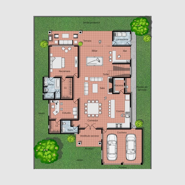 Planos de casa residencial estilo colonial mexicano de 2 niveles.