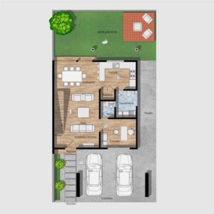 Planos de casa moderna de 2 niveles con estancia abierta y estudio privado. Planta Baja
