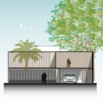 Planos de fachada de casa moderna de 2 niveles con cochera para dos carros y jardín frontal