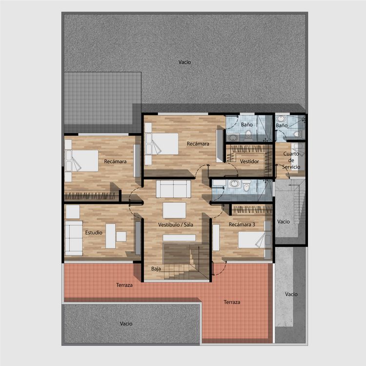 planos de casa moderna de dos pisos, con 4 recámaras, 3.5 baños, sala de televisión, planta alta