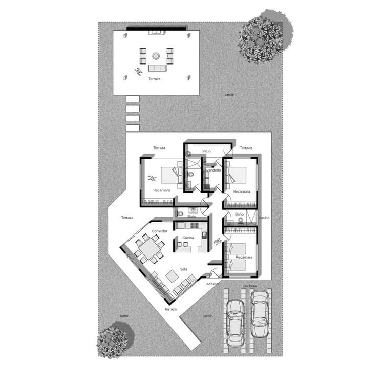 Planos de casa colonial moderna de 1 nivel con 3 recámaras, terrazas y cochera para 2 carros.