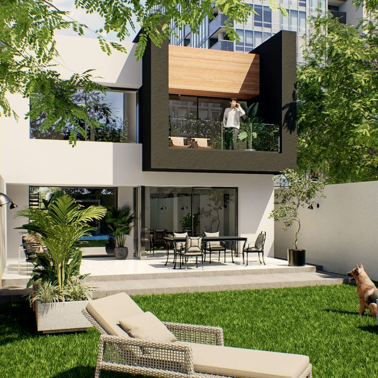 Diseño de fachada de casa moderna con terraza y balcón con vista al jardín.