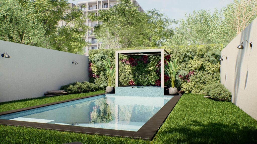 Diseño de alberca en jardín de casa moderna. Con jacuzzi con pergolado y muro verde.