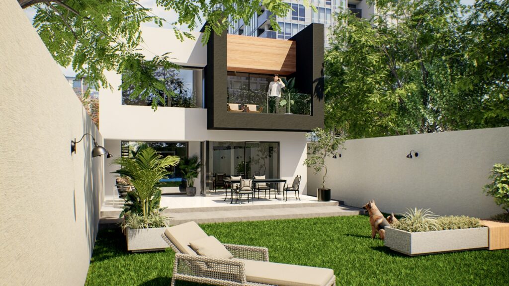 Fachada de casa moderna con terraza y balcón de descanso con vista al jardín posterior.