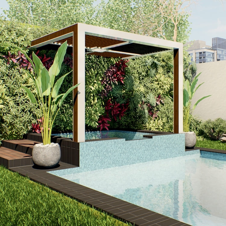 Planos de casa moderna de dos niveles con alberca y jardín.