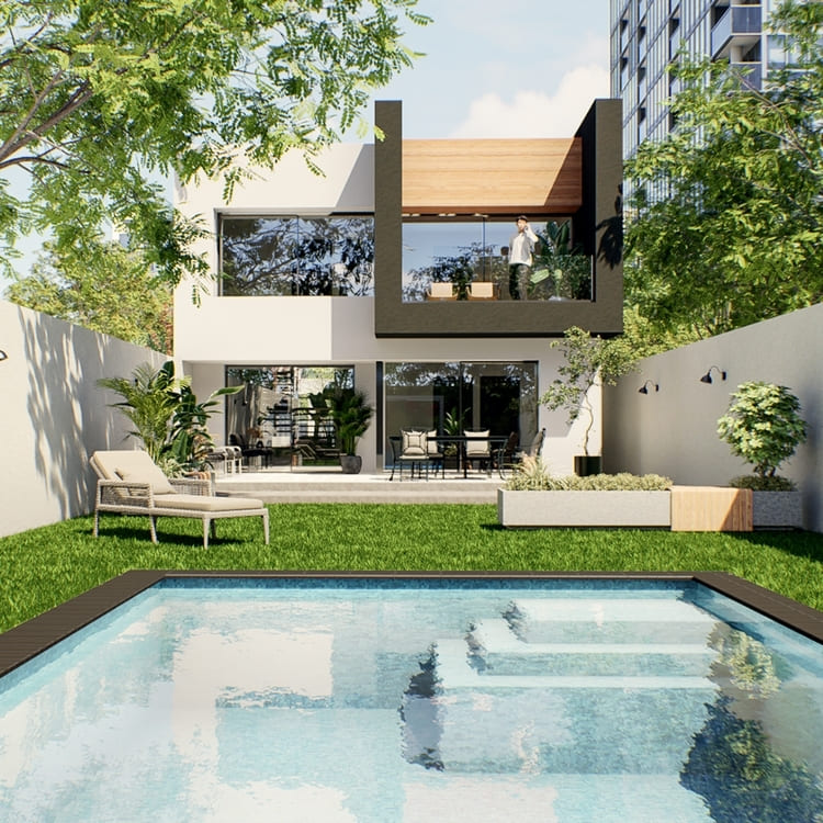 Planos de casa moderna minimalista con jardín posterior y alberca.